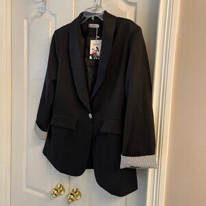 Genhoo Shiny Black Womens XL Blazer 1 Button, pockets, thin shoulder pads - NWT